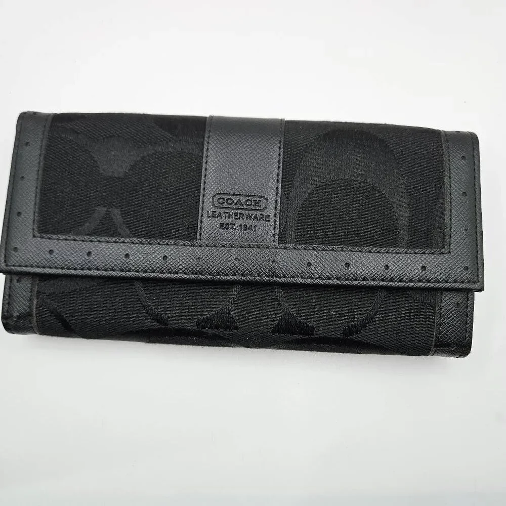 Coach Legacy Slim Trifold Wallet Signature Logo Black Canvas Leather Trim EUC